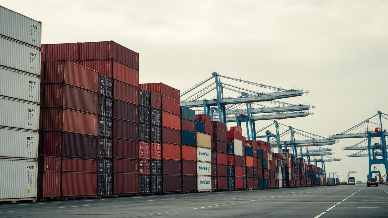 Shipping containers stacked at a container port with gantry cranes